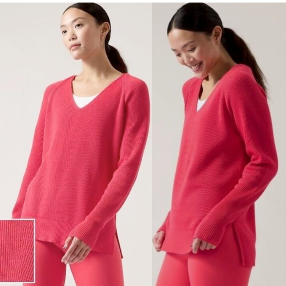 ATHLETA Hanover Refined V-Neck Sweater Merino Wool Blend Amaryllis Pink Size S